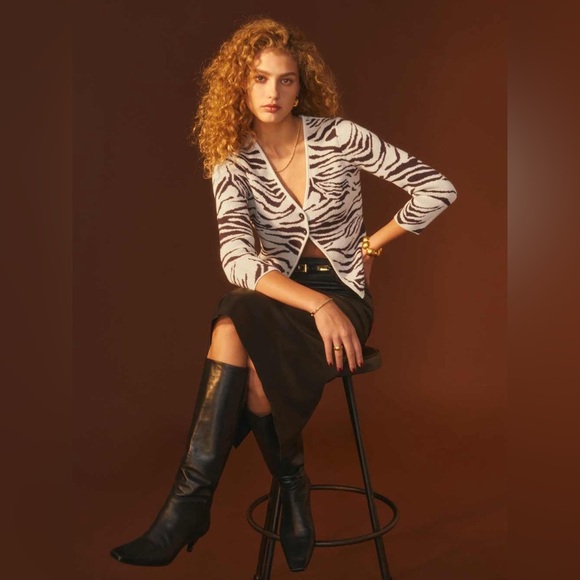 NEW Reformation Birdie Novelty Cardigan Size Small Color White Brown - Picture 9 of 9